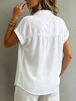 Women's Pleats Loose-fit V-neck Single-breasted Short-sleeve Shirt