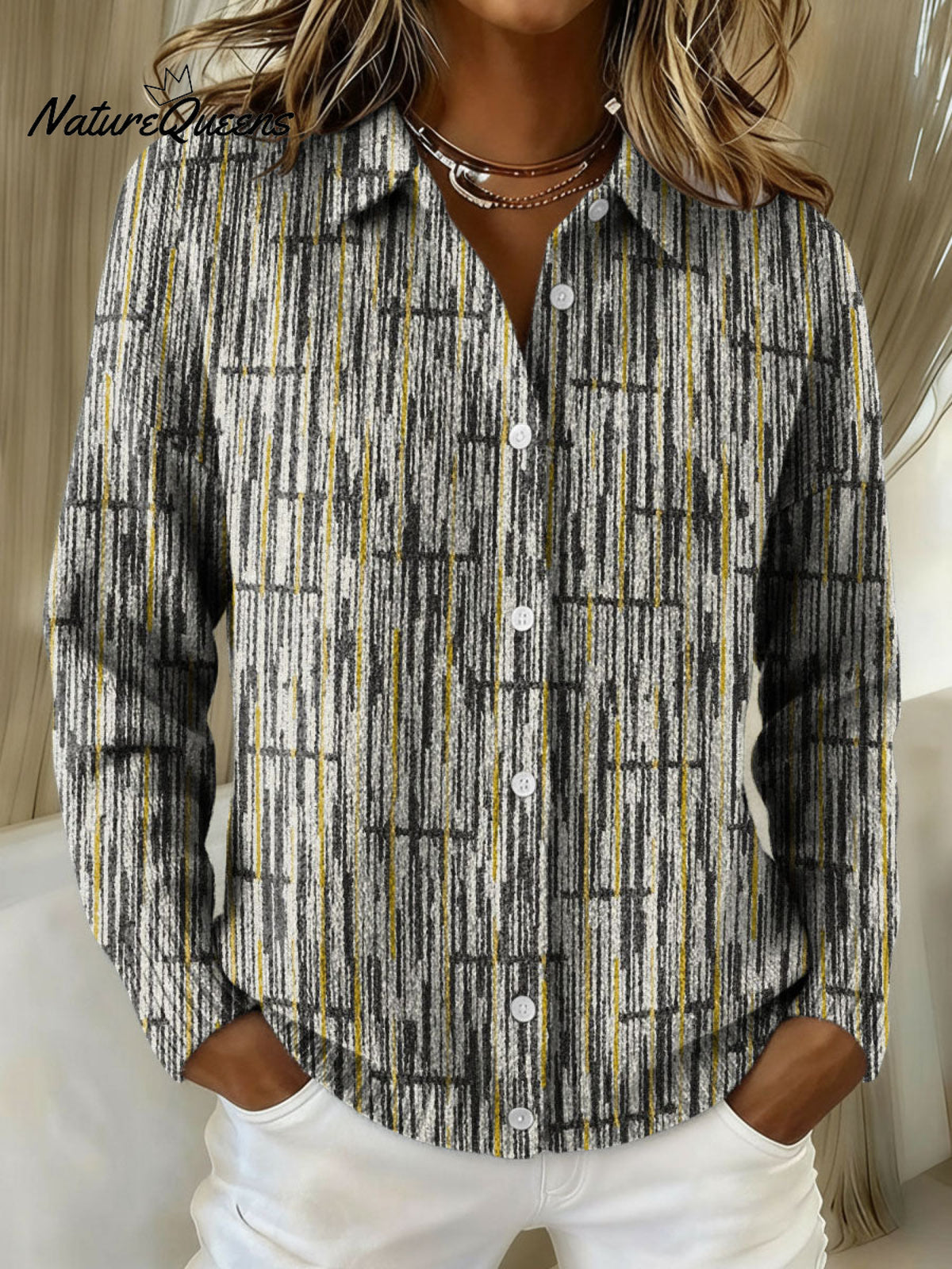 Simple Vertical Line Decorative Pattern Casual Shirt Collar Long Sleeve Sweater