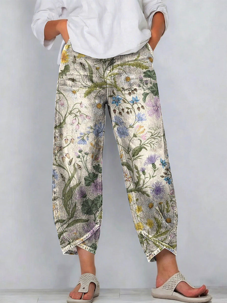 Women's Vintage Nationality Pattern Art Prints Casual Denim Cotton Pants