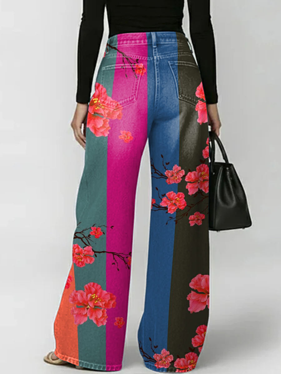 Women's Retro Geometric Florals Print Loose-fit Wide-leg Jeans