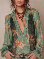 Women's Vintage-print V-neck Long-sleeve Casual Loose Chiffon Top