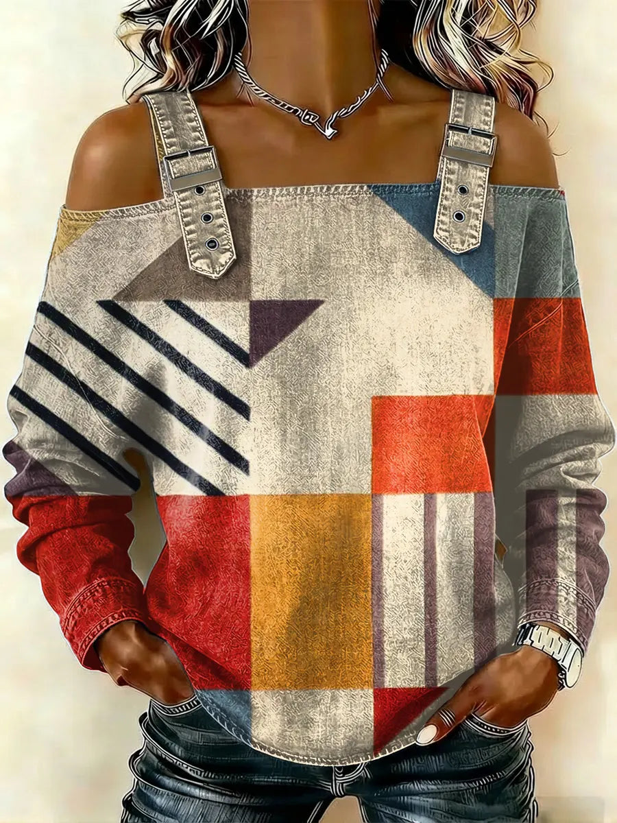 Women‘s Abstract Geometric Pattern Art Print Casual Cotton Denim Shirt