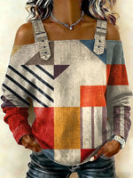 Women‘s Abstract Geometric Pattern Art Print Casual Cotton Denim Shirt