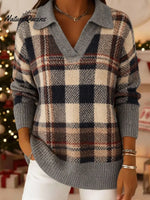 Women's VintagePlaidArt Print Casual Sweater