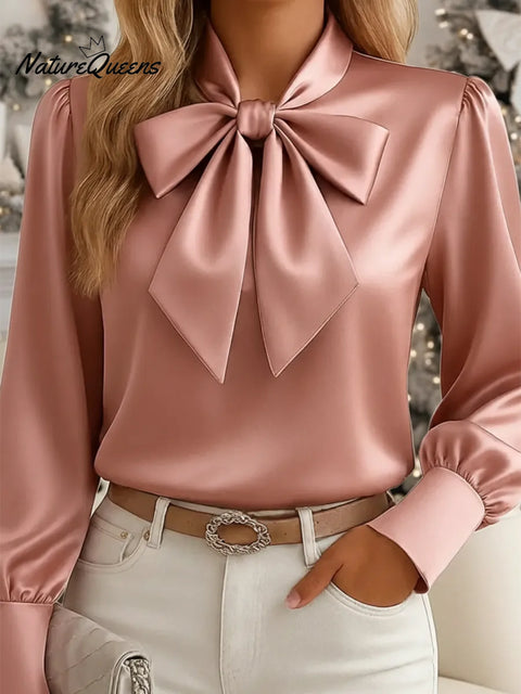 Women's Elegant Satin Shirt With Bow Tie