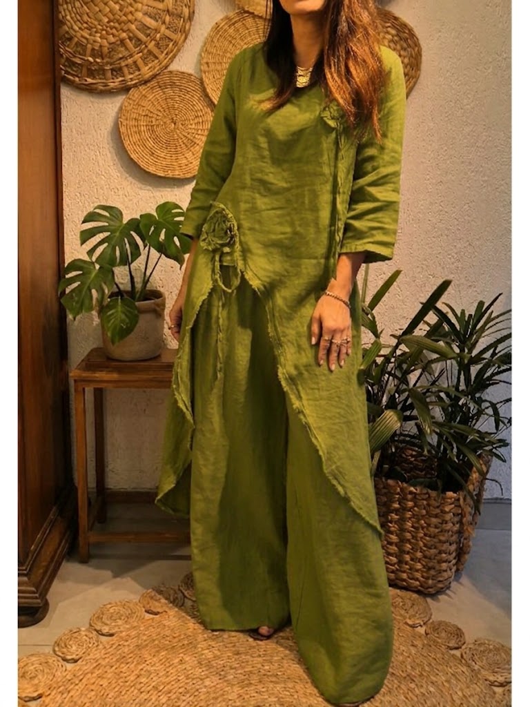 Casual Loose-fit Linen & Cotton Two-piece Set: Long Top With 3d Floral Accents And Trousers
