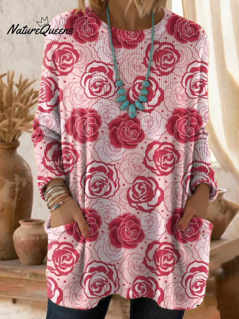 Women's Floral Pattern Art Print Casual Cotton Knitted Sweater