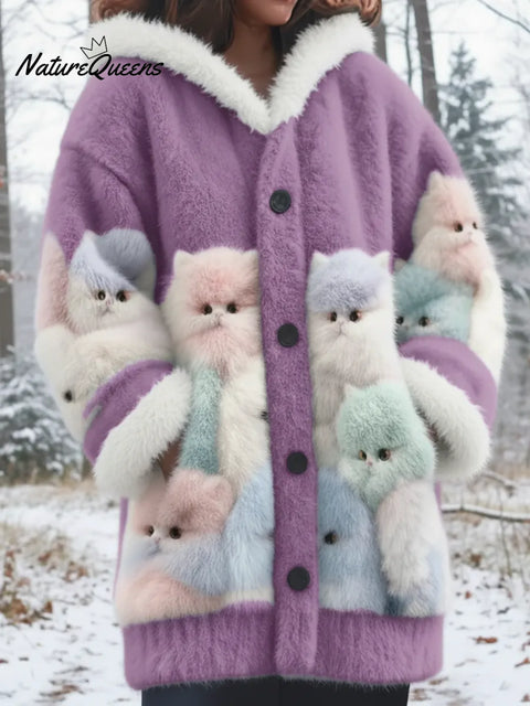 Winter Forest Cute Cat Faux Mink Fleece Button Coat