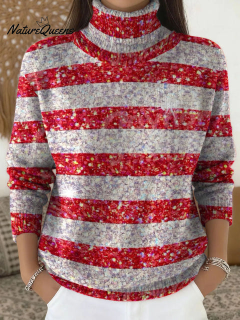 Christmas celebration horizontal stripes decorative pattern Casual Stand Collar Sweater