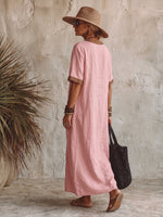 Elegant Deep V-neck Contrast Trim Linen-cotton Dress