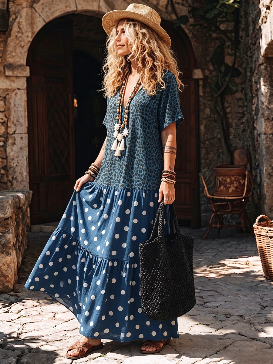 Relaxed Leopard And Polka-dot Patchwork Boho Dress With Pockets