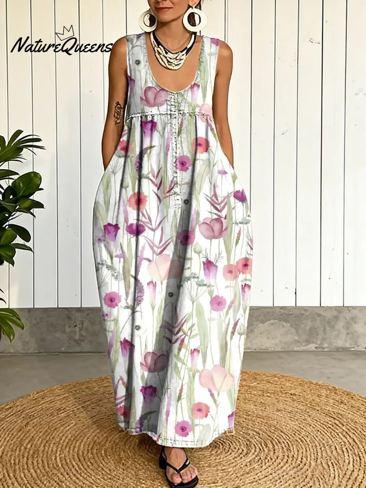 Women's Vintage Flower Pattern Art Print Casual Cotton Denim Dress