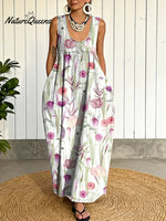 Women's Vintage Flower Pattern Art Print Casual Cotton Denim Dress