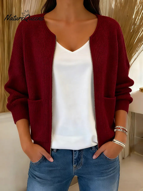 Women's Solid Color Round Neck Long Sleeve Casual Loose Knit Cardigan