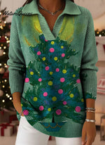 Retro Christmas Trees Art Pattern Polo Collar Shiny Loose Sweater Top