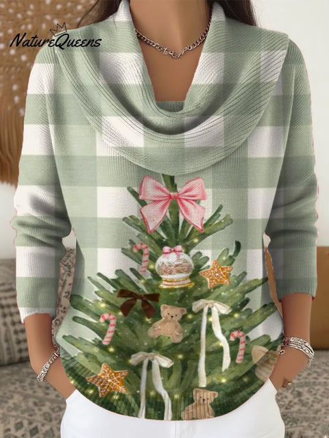 Women's Christmas Tree Pattern Art Print Casual Cowl Neck Sweater