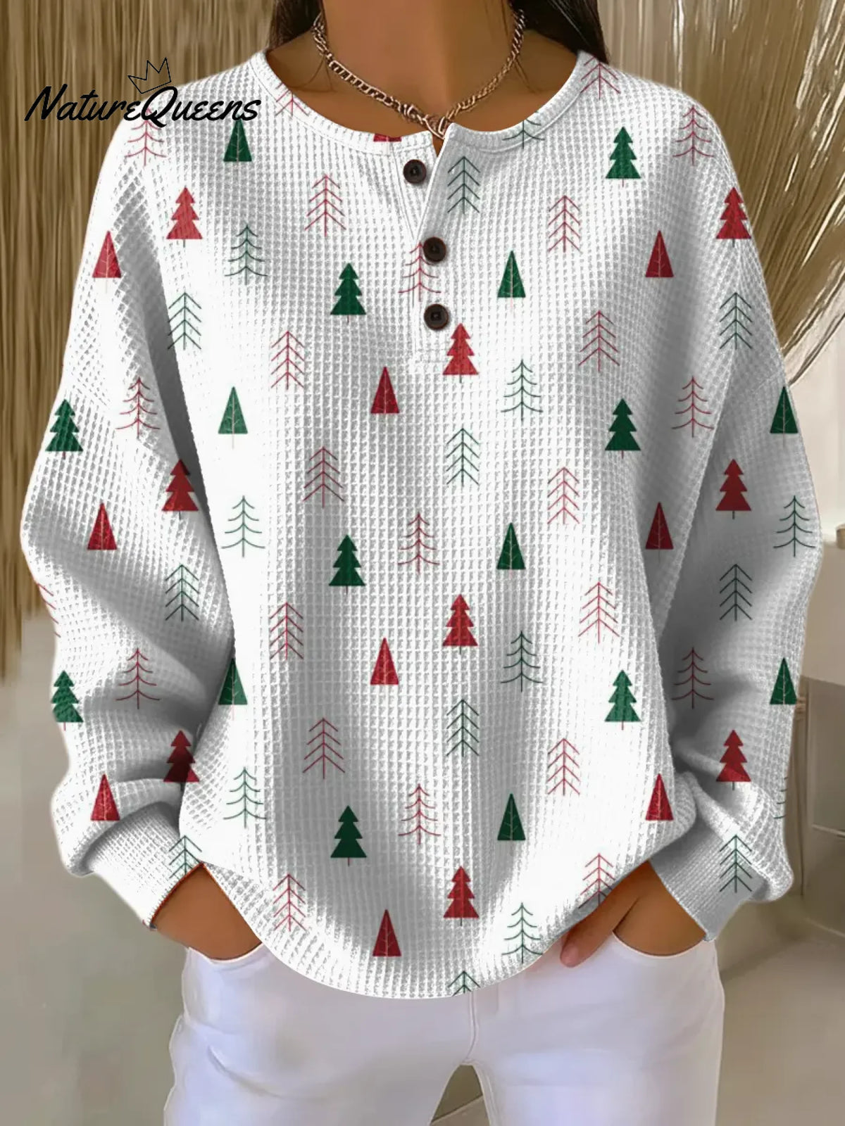 Women's Cute Christmas Tree Print Casual Cotton Shirt