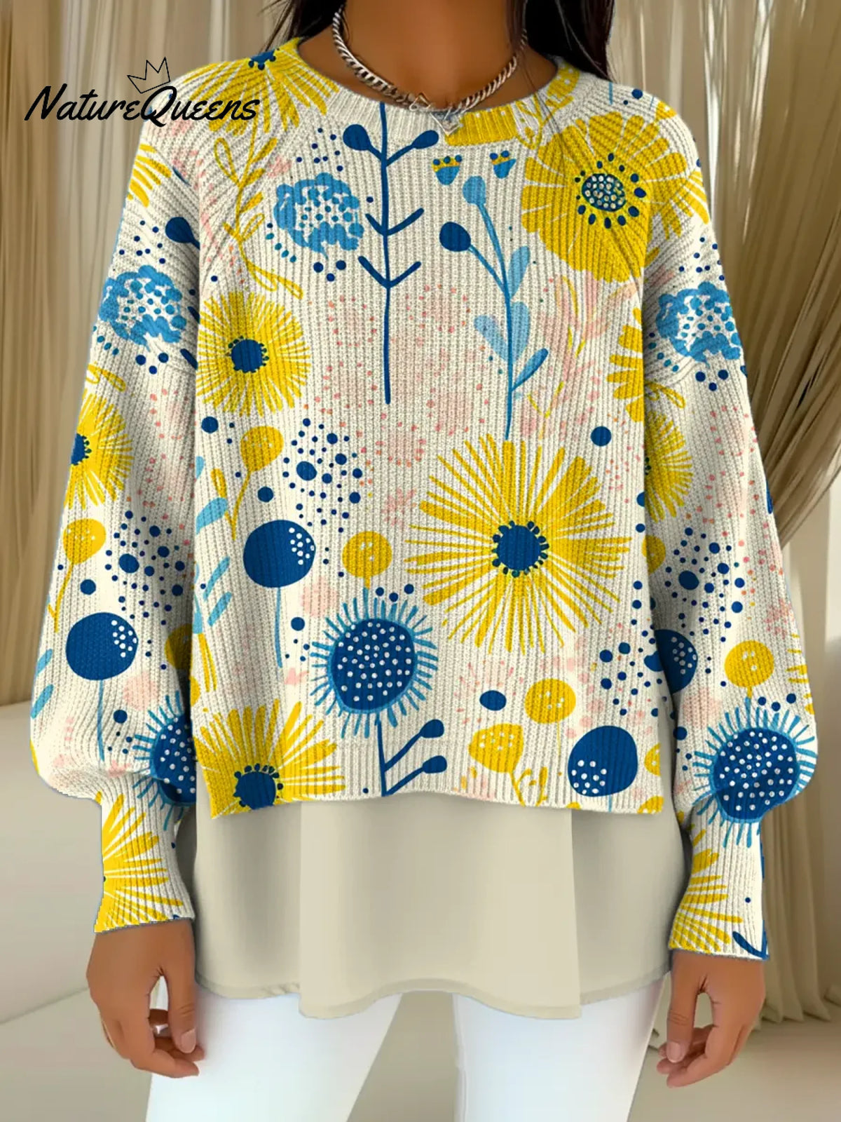 Women's VintageFlowerArt Print Casual Knitted Sweater