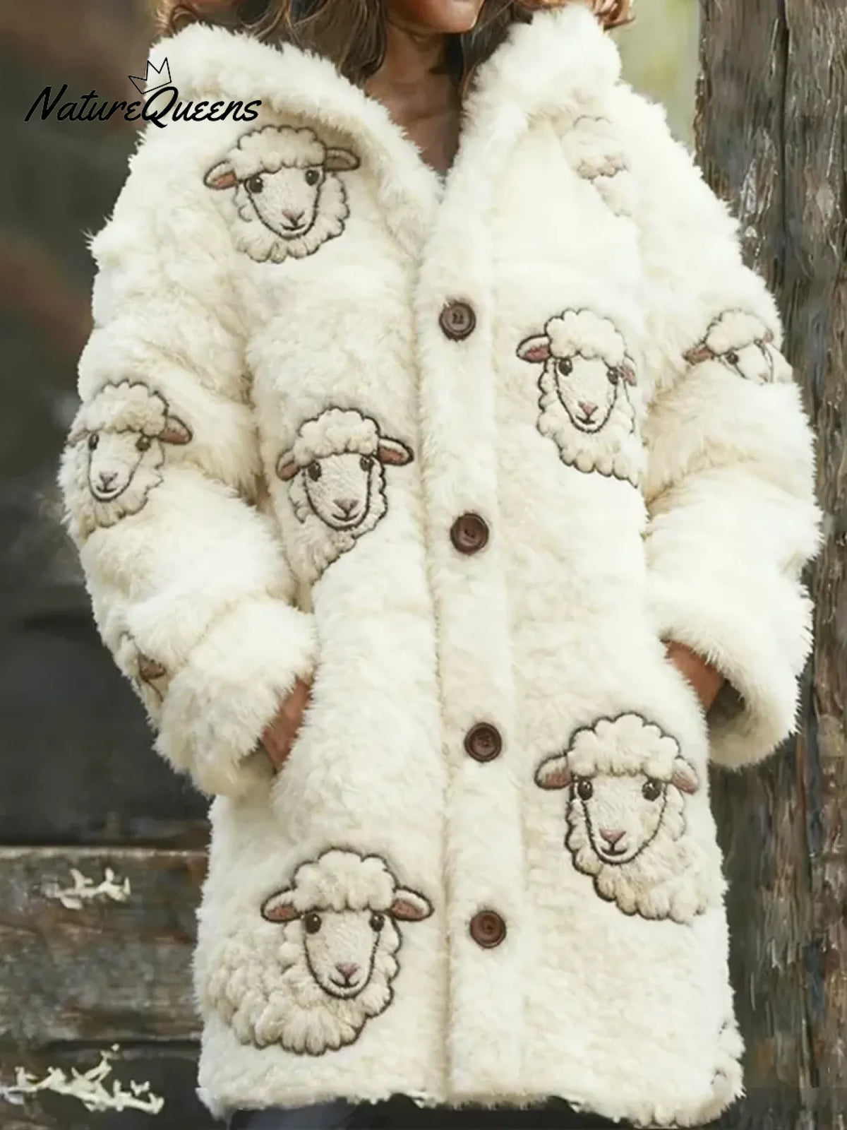 Women's Funny Sheep Pattern Art Print Casual Fleece Coat