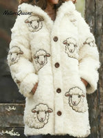 Women's Funny Sheep Pattern Art Print Casual Fleece Coat
