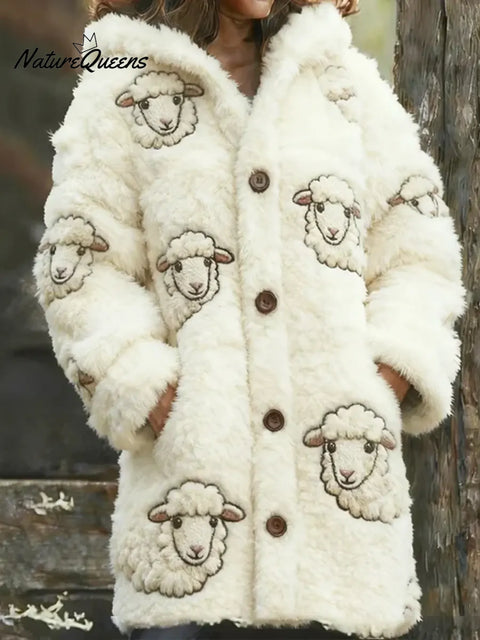 Women's Funny Sheep Pattern Art Print Casual Fleece Coat
