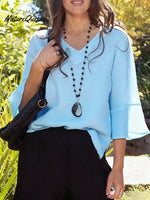 Women's Solid Color V-neck Three-quarter Length Ruffled Sleeve Casual Loose Cotton And Linen Top