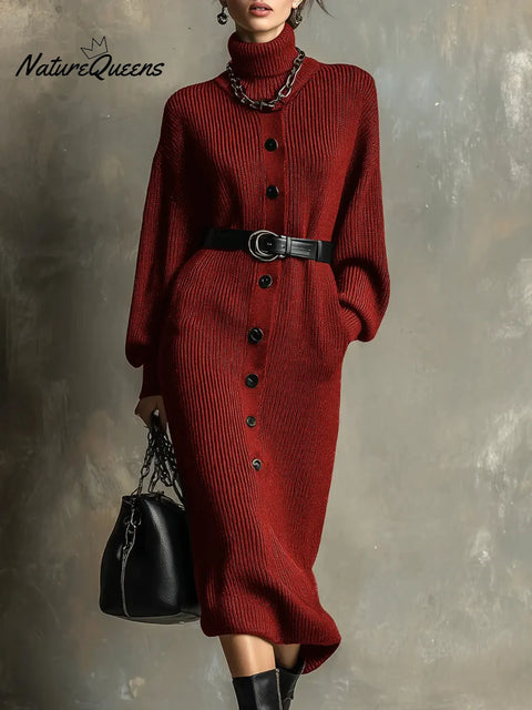 Women's Solid Color Turtleneck Long Sleeve Casual Loose Knit Dress