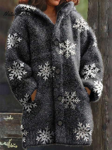 Women's Retro Christmas Snowflake Pattern Art Print Casual Plush Warm Coat
