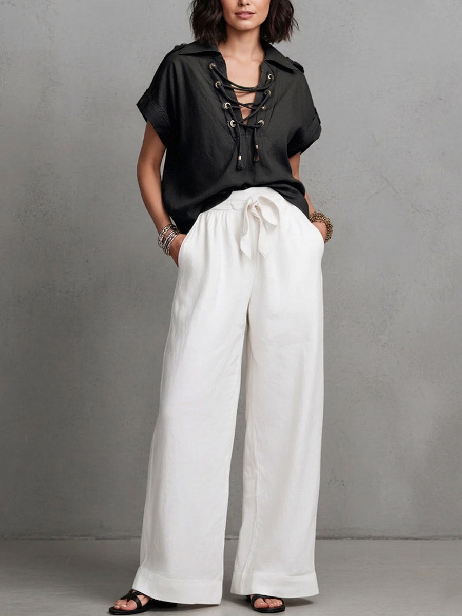 Women's Casual Loose Cotton-linen Set: V-neck Short-sleeve Top & High-waisted Wide-leg Pants