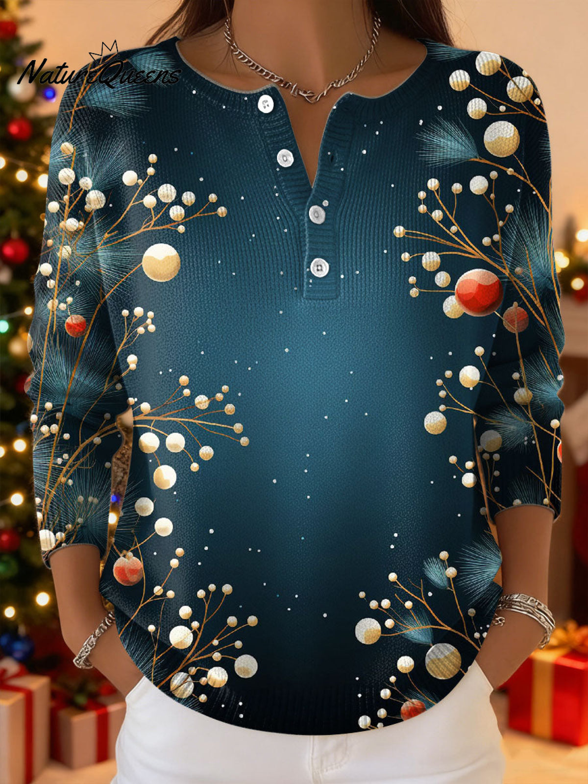 Women's Christmas Pattern Art Print Buttoned Cardigan Sweater