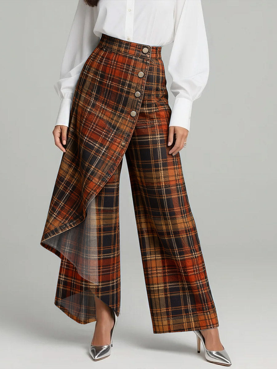 Women's Vintage Plaid Patterns Print High-waisted Relaxed Fit Wide-leg Jeans With A Stylish Design