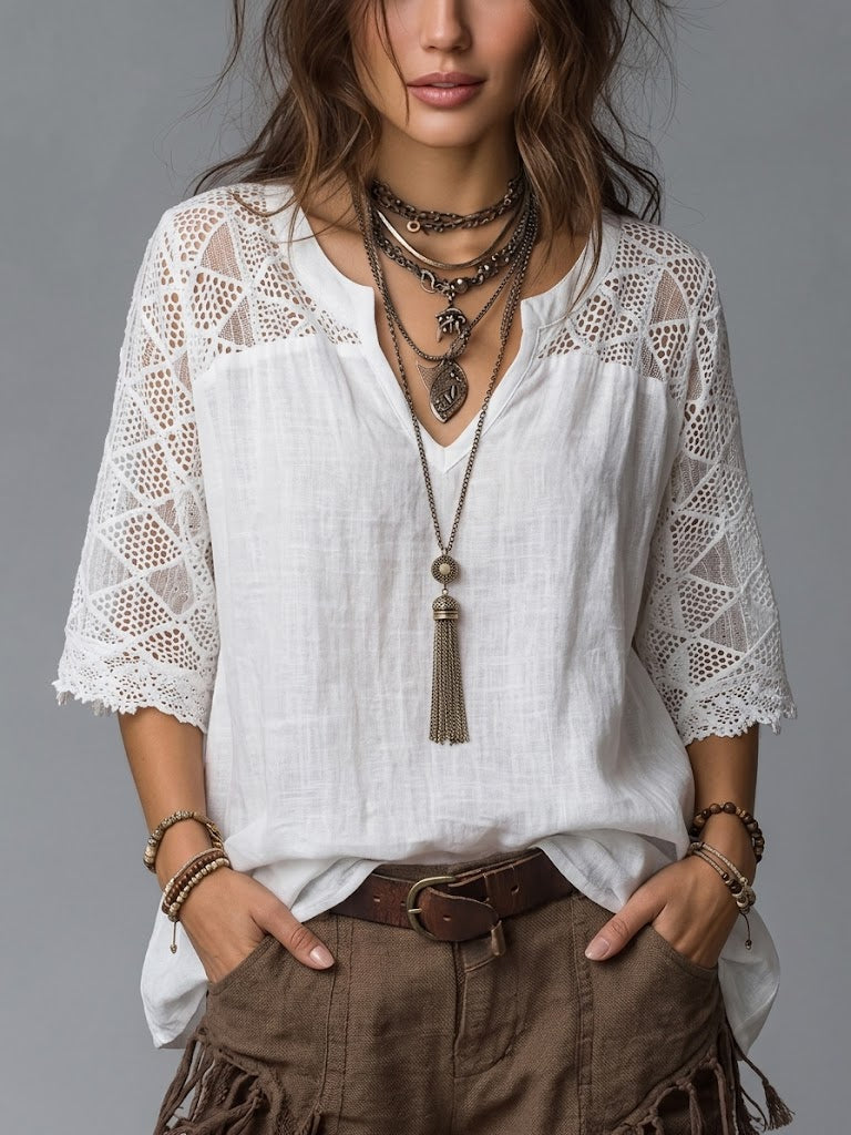 Casual Lace-paneled Linen And Cotton Top