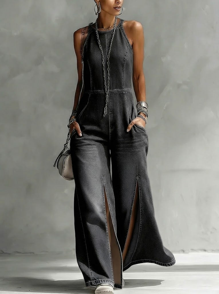 Casual Split Sleeveless Denim Jumpsuit