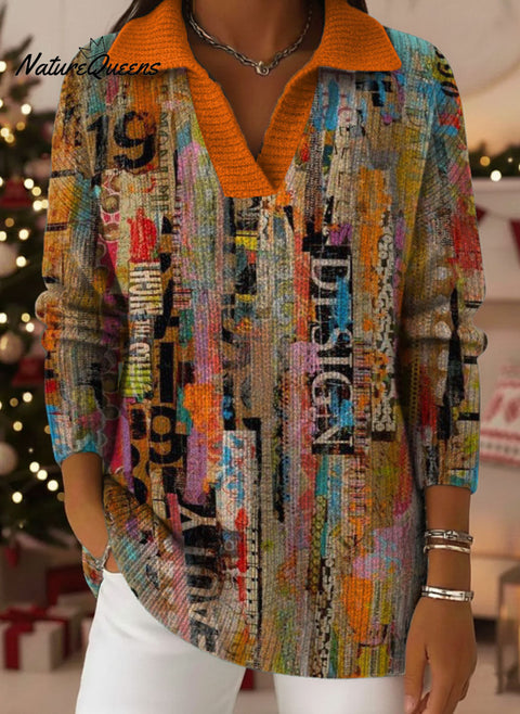 Mix And Match Decorative Patterns Of Various Patterns Women's Casual Shirt Collar Long Sleeve Sweater