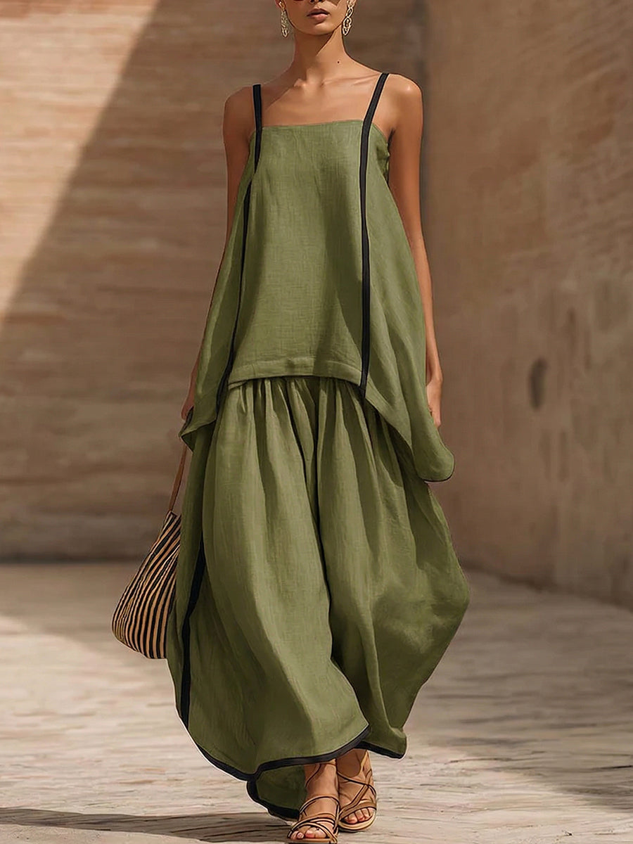 Artistic Black Cotton-linen Two-piece Set With Decorative Trim