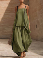 Artistic Black Cotton-linen Two-piece Set With Decorative Trim