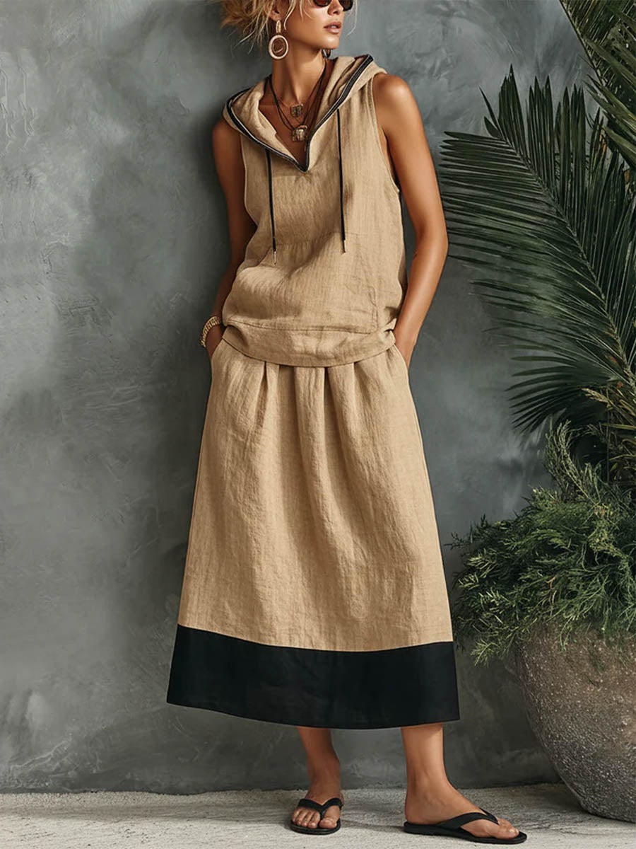 Women's Casual Loose-fit Cotton-linen Set: V-neck Sleeveless Hooded Top & High-waisted A-line Skirt