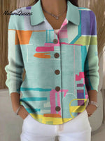 Women's Retro Patchwork Geometric Abstract Pattern Art Print Cowl Neck Sweater