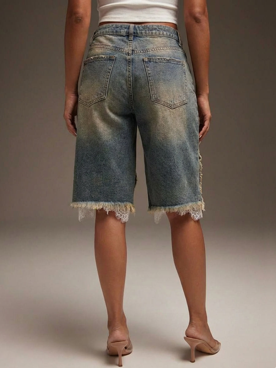 Casual Patchwork Lace Denim Jeans