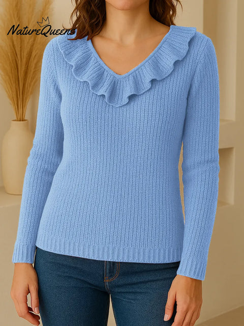 Women's Solid Color V-Neck Long Sleeve Ruffle Knit Top