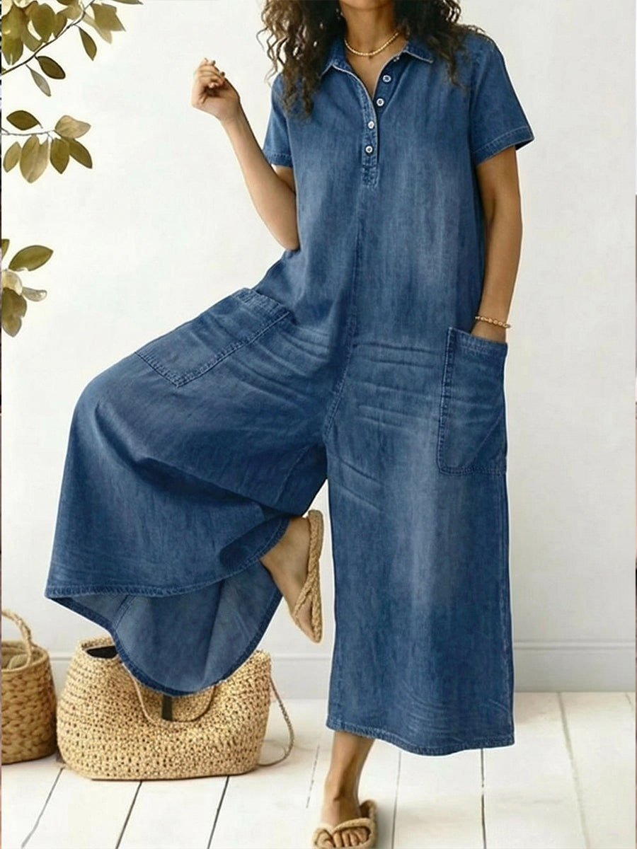 Women's Loose-fitting Casual Short-sleeved Denim Jumpsuit