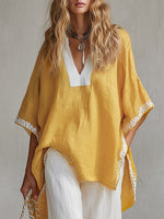 Women's Embroidered Pattern Print V-neck Cotton-linen Top