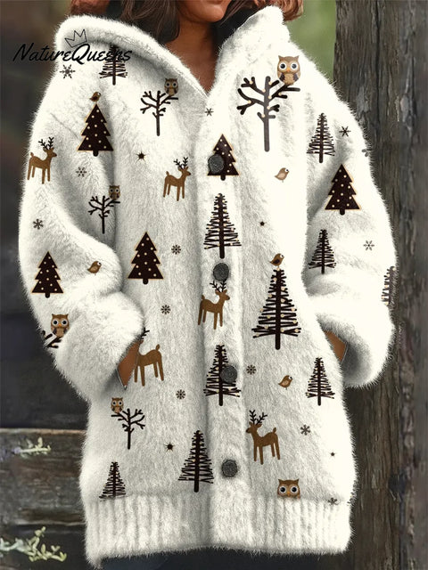 Women's Christmas Tree Pattern Art Print Casual Fleece Coat