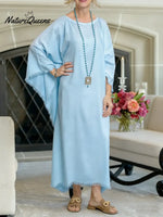 Women's Solid Color Round Neck Long-sleeved Casual Loose Cotton And Linen Dress