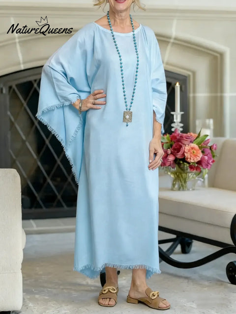 Women's Solid Color Round Neck Long-sleeved Casual Loose Cotton And Linen Dress