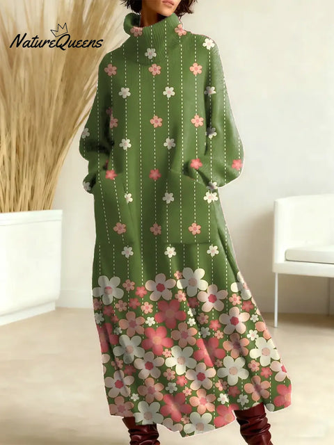 Women's Floral Pattern Art Print Casual Cotton Knitted Dress