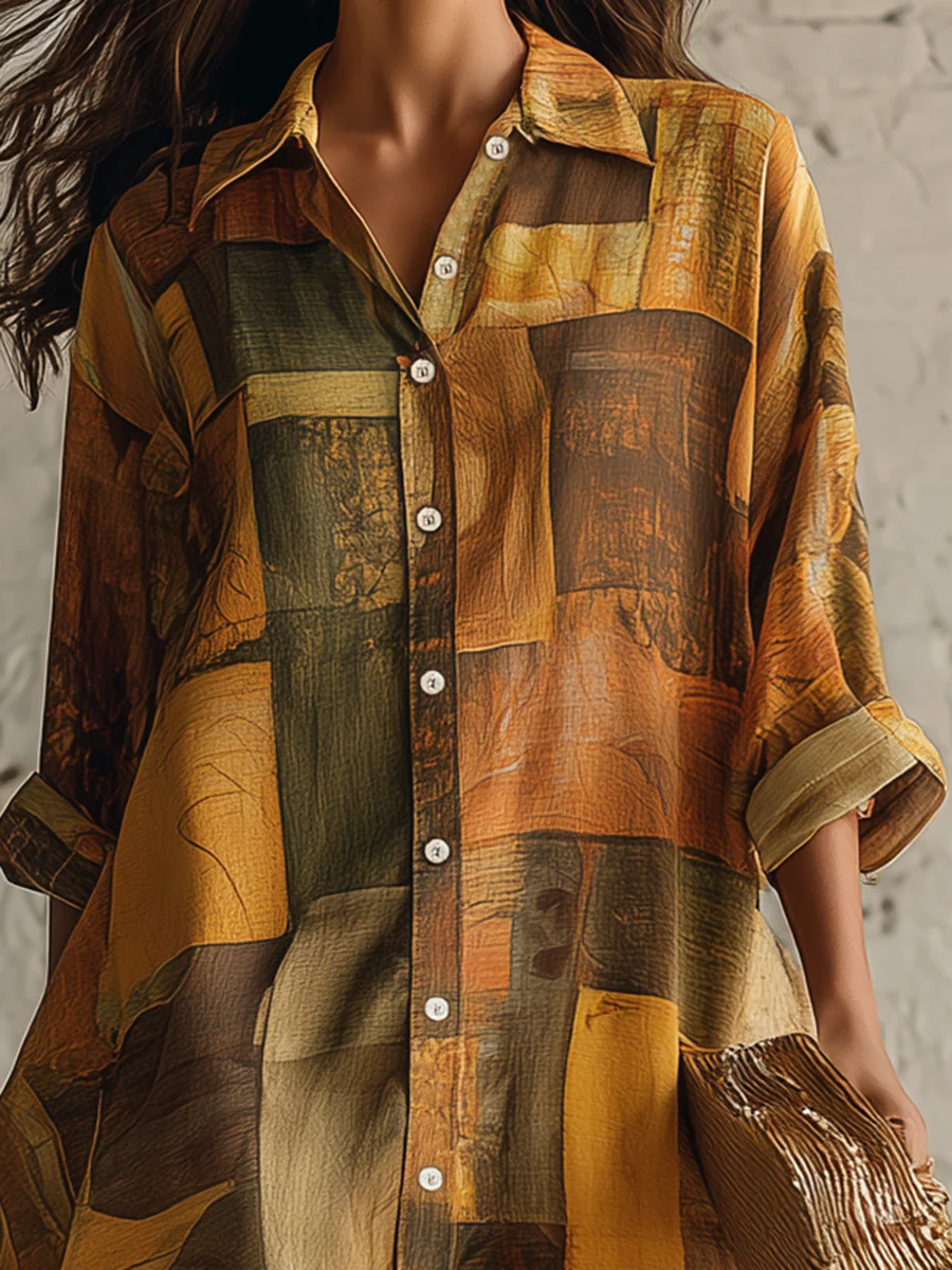 Cozy Vintage Art Print Loose-fitting Shirt Dress