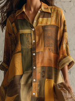 Cozy Vintage Art Print Loose-fitting Shirt Dress