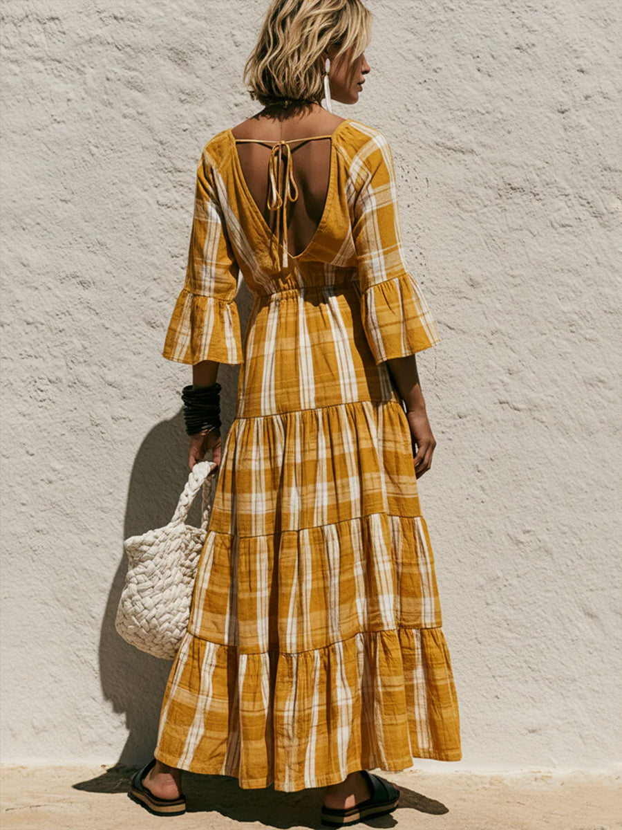 Casual Linen And Cotton V-neck Plaid Dress