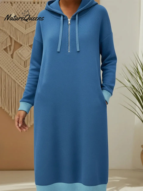 Casual Hooded Color-blocked Knit Dress